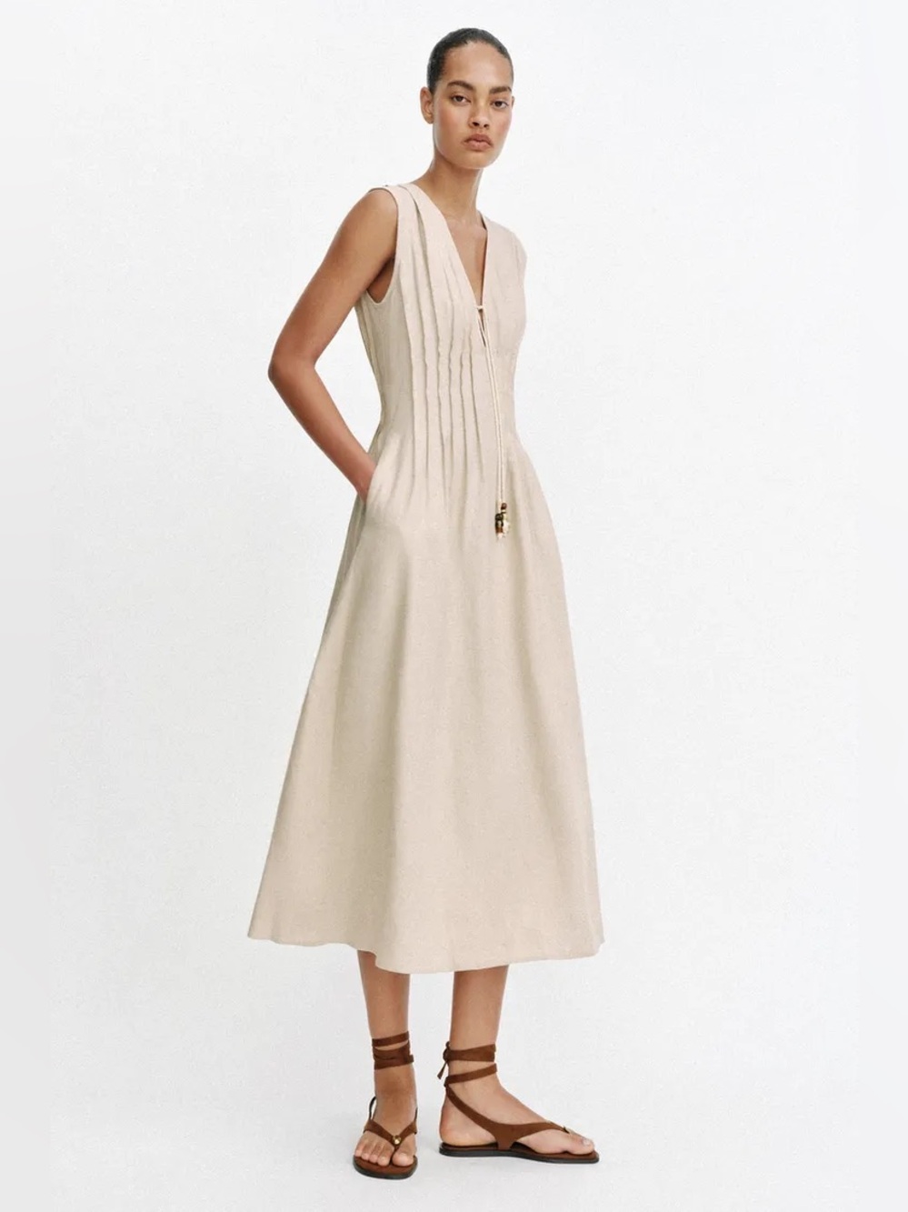ZARA DRAWSTRING LINEN MIDI DRESS
